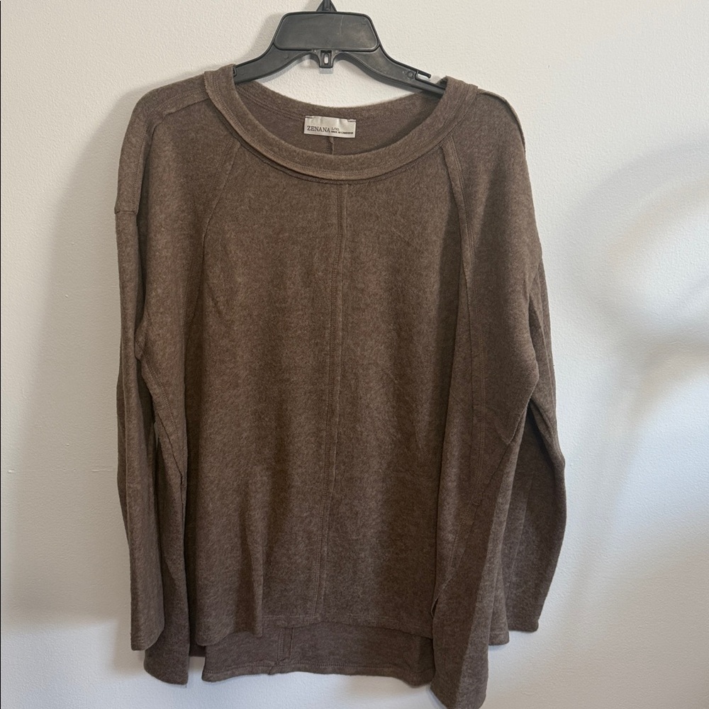 Zenana Brushed Hacci Exposed Seam Sweater Mocha L/XL Long Sleeve Sweater